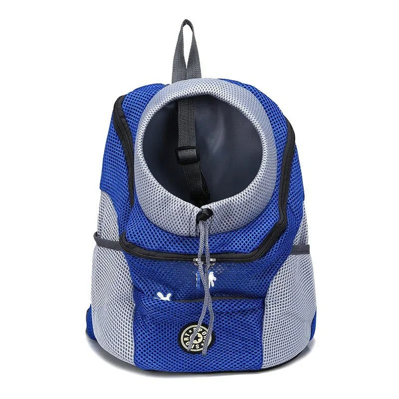 Sac à dos de transport pour animaux, bleu et gris, avec filet respirant et ouverture frontale. Idéal pour chiens et chats. Accessoire de voyage pratique.