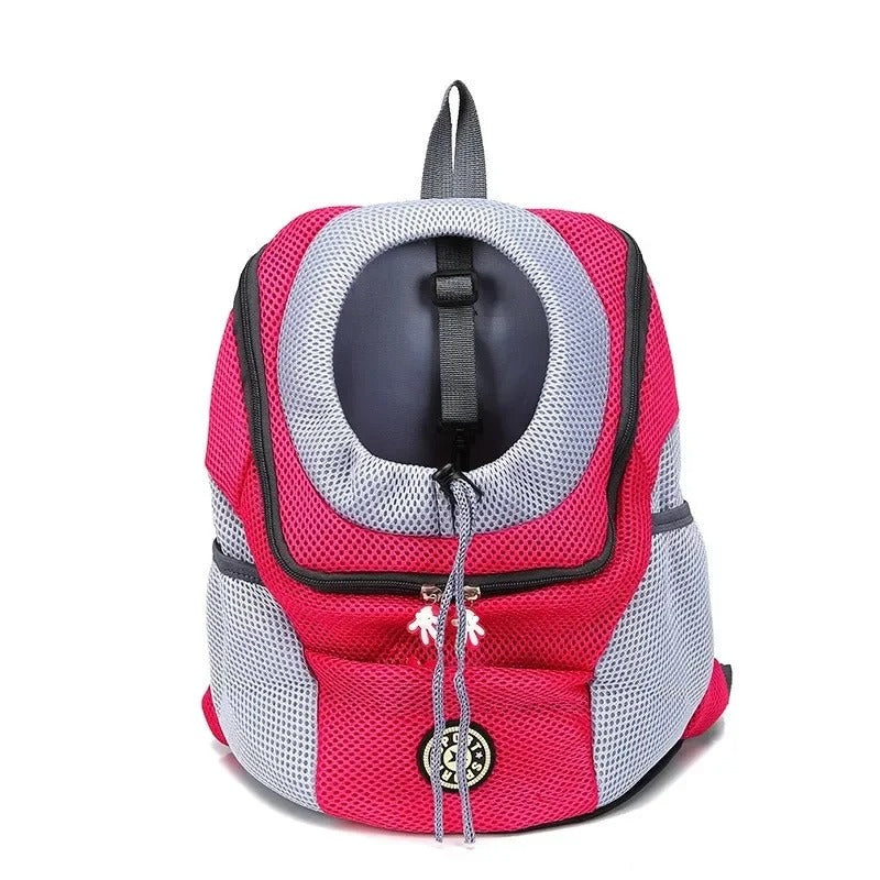 Sac à dos de transport pour animaux, rose et gris, avec fenêtre transparente. Idéal pour chats et petits chiens. Confortable et respirant.
